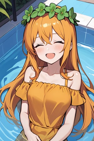 view_from_above, floating in a pool, both_eyes_closed, :D, orange dress with frills, orange hair, long hair, blushing, green flower crown, lying_on_back