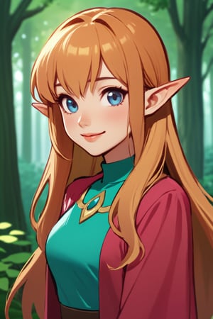 elf woman, pinkish red jacket outfit, orange hair, blue eyes, blush, pretty lips, smile, forest setting, pointed ears