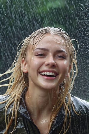 General full body shot of russian girl 19 years old blonde in a exuberant joyful expression being completely wet under a memerizing heavy splashing rain, extasy, joyful, (wet), raining, (extremely wet face), (extremely wet clothing), dramatic light, she is very detailed in 8K