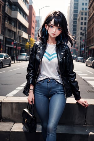 atractiva mujer de 20 años con ojos azul celeste. Viste un par de jeans ajustados que realzan su figura,una chaqueta de cuero negra que le da un toque de rebeldía y sofisticación. Sus zapatillas modernas complementan su look casual. Su cabello negro largo cae con elegancia sobre sus hombros. La imagen debe destacar su belleza y confianza en este atuendo con chaqueta de cuero sin gorros. De pie,brazos abiertos." cabello suelto sin sombrero.