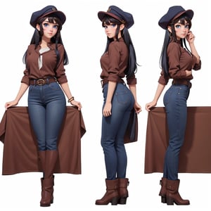 character sheet,  una chica atractiva de 20 años con ojos azules, cabello negro largo suelto. Está vestida con una chaqueta de cuero roja. Lleva una falda dorada que muestra su confianza y actitud segura. Complementa su look con unas botas negras que añaden un toque de elegancia y sensualidad. La imagen debe resaltar su belleza y su pose seductora. light gray background,  beautiful,  good hands,  full body,  looking to the camera,  good body,  sexy pose,  full_body,  with small earrings,  character_sheet, arcane style,  clothes with accessories,  clothes Classico style.,torn clothes, no hat, no cap.,RedHoodWaifu,. Gold blouse.,Mai