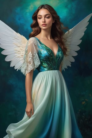 Angel White dress with two beautiful wings in Van Gogh style. [Alberto Vargas | Gil Elvgren | Olivia De Berardinis] style Painting, (2020s themes). (delicate sfumato:3), (blue to 'dark green' Renaissance Radiance:2), ('shadows to bright gradient':2.5). (chiaroscuro, deep shadows), (ethereal, harmonious composition, landscapes, intricate backgrounds), (emotion-evoking poses)