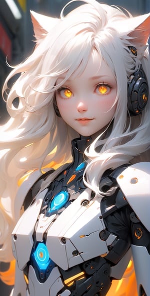 Banner clothing, long hair, leaning_forward, light smile, , (((full body))), Eizan Kikukawa, cybernetic, cyberpunk art, plasticien best quality, masterpiece, perface, Utail, Utails , hyperdetailed eyes, 8k, harmonic, beautiful, intricate details | albino skin, crystal yellow eyes, long and wavy white hair, composing  aura,blurry_light_background,midjourney,Korean,Beauty,Girl,High detailed ,Color magic,LinkGirl,cutegirlmix,cyborg style,korean girl,SAM YANG,asian girl,Saturated colors,mecha,TifaFF7,photo r3al,science fiction,isni,Xxmix_Catecat,traditional,fire element