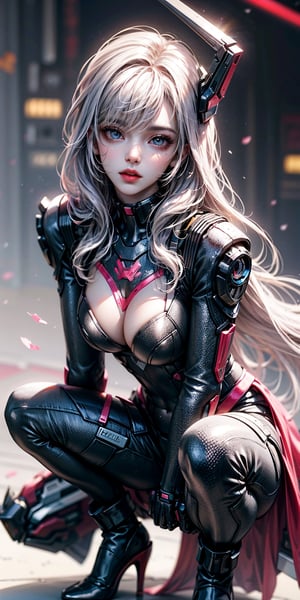 Best picture quality, high resolution, 8k, realistic, sharp focus, realistic image of elegant lady, Korean beauty, supermodel, pure white hair, blue eyes, wearing high-tech cyberpunk style blue Batgirl suit, radiant Glow, sparkling suit, mecha, perfectly customized high-tech suit, ice theme, custom design, 1 girl,swordup, looking at viewer,JeeSoo ,jwy1,Squatting ,1girl,wearing high heels,eager pet pose,girl