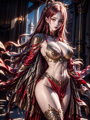 A female vampire with fiery red hair and snow-white skin, dressed in opulent gold and red armor of ancient and luxurious style, highly intricate, noble, and precious. In front of her lies a massive blood-red wolf. Bright lighting. 8K resolution.