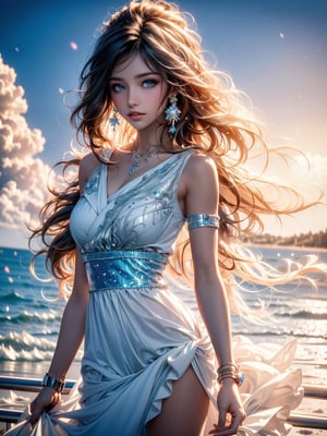 A close-up shot of a young woman with beautiful flowing hair and mesmerizing eyes, wearing a flowing blue and white dress made of clouds, on a beach with pristine white sand, representing beauty and elegance. This is a captivating 8K still photograph taken at sunset, against a radiant and rainbow-like holographic background, capturing a dynamic pose. This moment feels like a highlight in the middle of a journey.