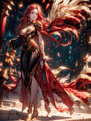 A female vampire with fiery red hair and snow-white skin is dressed in a full-body suit of opulent gold and red armor, which is highly intricate, noble, and combines elements of both ancient and mechanical styles. The scene is illuminated by bright lighting and captured in stunning 8K resolution.,Sketch,1 girl