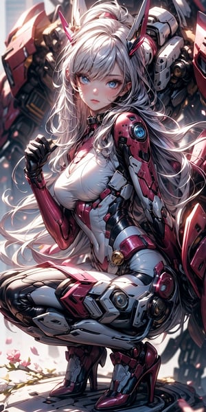 Best picture quality, high resolution, 8k, realistic, sharp focus, realistic image of elegant lady, Korean beauty, supermodel, pure white hair, blue eyes, wearing high-tech cyberpunk style blue Batgirl suit, radiant Glow, sparkling suit, mecha, perfectly customized high-tech suit, ice theme, custom design, 1 girl,swordup, looking at viewer,JeeSoo ,jwy1,Squatting ,1girl,wearing high heels,eager pet pose