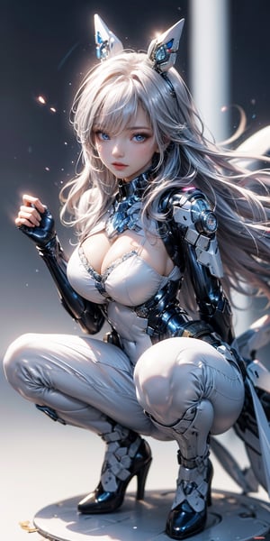 Best picture quality, high resolution, 8k, realistic, sharp focus, realistic image of elegant lady, Korean beauty, supermodel, pure white hair, blue eyes, wearing high-tech cyberpunk style blue Batgirl suit, radiant Glow, sparkling suit, mecha, perfectly customized high-tech suit, ice theme, custom design, 1 girl,swordup, looking at viewer,JeeSoo ,jwy1,Squatting ,1girl,wearing high heels,eager pet pose