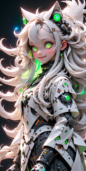 Banner clothing, long hair, leaning_forward, light smile, , (((full body))), Eizan Kikukawa, cybernetic, cyberpunk art, plasticien best quality, masterpiece, perface, Utail, Utails , hyperdetailed eyes, 8k, harmonic, beautiful, intricate details | albino skin, crystal green eyes, long and wavy white hair, composing  aura,blurry_light_background,midjourney,Korean,Beauty,Girl,High detailed ,Color magic,LinkGirl,cutegirlmix,cyborg style,korean girl,SAM YANG,asian girl,Saturated colors,mecha,TifaFF7,photo r3al,science fiction,isni,Xxmix_Catecat,traditional