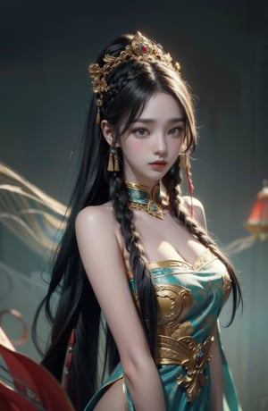  A girl, photographed from head to toe, wears an ornate, flowing costume from ancient Chinese Dunhuang murals in bright colors including turquoise, gold and red, embellished with floral patterns and delicate details. The long flowing black hair is decorated with ornate hair accessories, against a background of softly blurred glowing spheres and abstract elements, suggesting a mysterious or dreamy environment. The dynamic light and flow of clothing convey a sense of movement, adding to the ethereal quality of the artwork. The overall ambience is both serene and vivid, and the rich combination of textures and colors is intoxicating