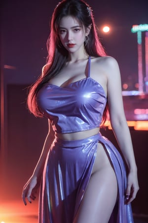 (masterpiece, best quality:1.3),Nights,(Cyberpunk:1.29), (neon lights:1.46), glowing earrings, realistic, pub,1girl, solo, looking at viewer, (Holographic light purple dress:1.29),realistic, midriff, bare shoulders, standting, hair ornament, long hair, jewelry, Pleated Skirt, purple long skirt, cowboy shot,Xyunxiao, ,(huge breasts:1.56),(full moon,rose:1.39)