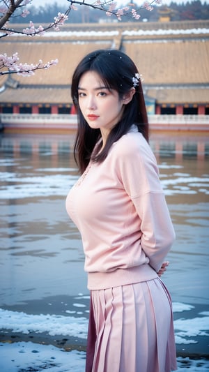 masterpiece, best quality, 1girl,Chinese hanfu,(pink sweater,mid length pleated skirt:1.2),(Forbidden City background, snowing, plum blossoms:1.2),plush clothes,(scarf:1.1),arms_behind_back,Young beauty spirit, (big breasts:1.3), 