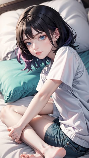 (realistic:1.4),feets_up,lying down, riamuyumemi, ,riamu yumemi, ahoge, blue hair, hair intakes, multicolored hair, (multicolored eyes, blue eyes:1.1), hot pink hair, short hair, two-tone hair,BREAK,  barefoot,   shirt, short sleeves, t-shirt,BREAK looking at viewer, full body,BREAK indoors,BREAK , (masterpiece:1.2), best quality, high resolution, unity 8k wallpaper, (illustration:0.8), (beautiful detailed eyes:1.6), extremely detailed face, perfect lighting, extremely detailed CG, (perfect hands, perfect anatomy),Realism,riamu,ph_Mar,perfect,photorealistic, 

A young woman with wild, disheveled hair, synthwave, lost in her own world, listening to music through her headphones, lying on bed, wearing a cargo pants surrounded by a chaotic bedroom background, drawn in the classic 90s anime art style of Naoko Takeuchi with a VHS effect, 