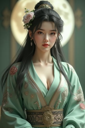 (8k, RAW photo, best quality, masterpiece:1.2), (realistic, photo-realistic:1.2)(raw photo) , detailed and intricate, original,highres,looking at viewer,upper body,black hair,BREAK,(light green hanfu:1.29),(huge breasts:2.3),Xyunxiao,1girl,(full moon,Peony:1.36),BREAK,(Chinese Phoenix pattern embroidery:1.26),wonder beauty