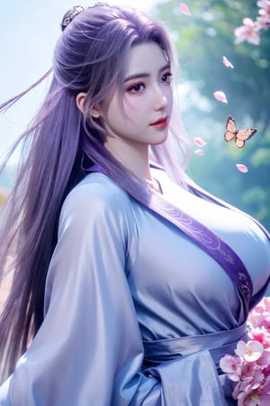(masterpiece, best quality:1.2), highres, extremely detailed, 1 girl, purple hair, eye highlights,purple dress, frills, outdoors, flower, fluttering petals, upper body, depth of field,pastel color, Depth of field,garden of the sun,shiny,flowers, garden, 1girl, butterfly style, butterflies, ultra detailed, glary,Light, light particles,glitter,reflect,,(big breasts:1.52),Xyunxiao,sky_moon,hanfu
