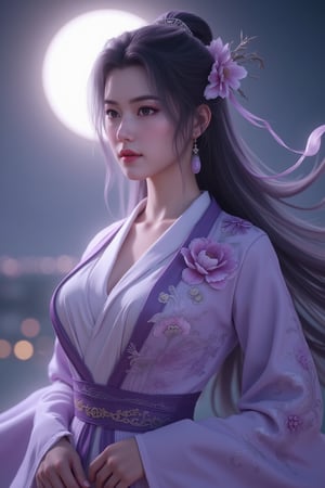 (8k, RAW photo, best quality, masterpiece:1.2), (realistic, photo-realistic:1.2)(raw photo) , detailed and intricate, original,highres,looking at viewer,upper body,black hair,BREAK,(light purple hanfu:1.29),(huge breasts:1.89),Xyunxiao,1girl,(full moon,Peony:1.36),BREAK,(Chinese Phoenix pattern embroidery:1.26),wonder beauty