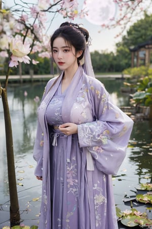 (masterpiece, best quality:1.2), highres, extremely detailed, 1 girl, purple hair, eye highlights,(light purple hanfu dress:1.33), frills, outdoors, flower, fluttering petals, upper body, depth of field,pastel color, Depth of field,garden of the sun,shiny,flowers, garden, 1girl, butterfly style, butterflies, ultra detailed, glary,Light, light particles,glitter,reflect,(Ancient Chinese pattern embroidery:1.59),(big breasts:1.69),Xyunxiao,(full moon,Lotus Pond:1.51)