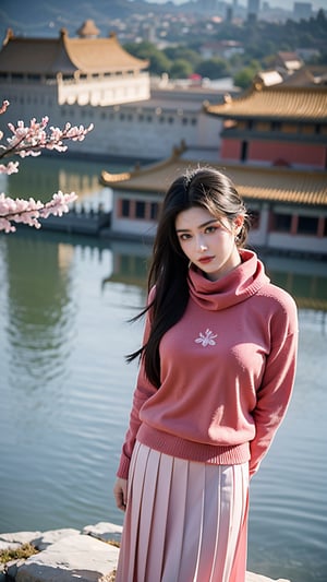 masterpiece, best quality, 1girl,Chinese hanfu,(pink sweater,mid length pleated skirt:1.2),(Forbidden City background, snowing, plum blossoms:1.2),plush clothes,(scarf:1.1),arms_behind_back,Young beauty spirit, (big breasts:1.3), ,Young beauty spirit 