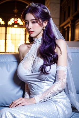 masterpiece,1girl,(mature female:0.5),tall body,golden proportions,(Kpop idol),(shiny skin:1.2),(oil skin:1.1),makeup,(close up),(church background:1.2),depth of field,(closed mouth:0.5),((long wavy purple hair)),(puffy eyes),(eyelashes:1.1),(parted lips:1.1),red lipstick,fantasy art style,dreamy light,(high neck purple wedding dress:1.33),(lace long wedding dress:1.39),perfect body,(dreamy veil:1.3),(dusk:1.2),princess shoes,(diamond necklace),(crystal hairpin),tyndall effect,highres,(Sit on the sofa:1.3),(big breasts:1.68),