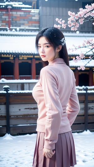 masterpiece, best quality, 1girl,Chinese hanfu,(pink sweater,mid length pleated skirt:1.2),(Forbidden City background, snowing, plum blossoms:1.2),plush clothes,(scarf:1.1),arms_behind_back,Young beauty spirit, (big breasts:1.3), 