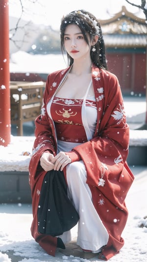 hanfu, Best Quality, masterpiece, (Snowing:1.5),1 girl, (long hair:1.2),  (big breasts:1.69),(Upper body photo:1.3),hanfu,18-year-old , exquisite , extreme face,creamy skin, fair skin,realistic skin details, (super-detail) , long hair, (big breasts:1.59),1girl,long skirt,long sleeves,flower,tangdynastyhanfu, hanfu2,myhanfu, chang,Sit on the steps, squat on the ground, hands on hips