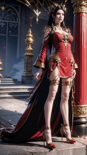 masterpiece, best quality,（realistic：1.3）,realskin,yuzu,high heel,(1 girl,(full body)),photo,aged 18, (red) dress,with long black hair,long legs, fantasy white high heels,  beautiful tailored figure, nsfw,(1girl), breasts,[Exquisite and gorgeous gemstone inlaid high heels],Pure white background,1girl, armor, black_hair, earri, ((red high heels)),
