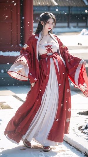 hanfu2, Best Quality, masterpiece, Super High Resolution, (realistic: 1.4) , (Snowing:1.5), 1 girl, (long hair:1.2),  (big breasts:1.59),hanfu,18-year-old,  (best quality, 8k, Masterpiece: 1.3) , exquisite (realistic style) , extreme face, photo-level lighting,  creamy skin, fair skin, high-detail skin, realistic skin details, visible pores, (super-detail) , (perfect body: 1.1) , long hair, (dynamic pose:1.3) , (big breasts:1.6),1girl,long skirt,long sleeves,HOG_Calligraphy_Tatoo,myhanfu,moyou,embroidered flower patterns,tangdynastyhanfu