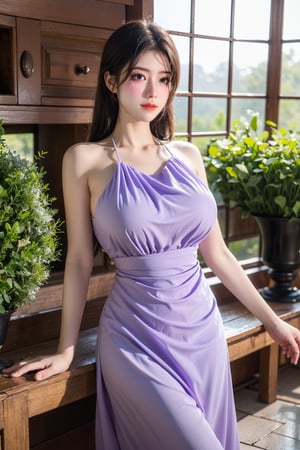 (masterpiece, best quality:1.2), highres, extremely detailed, 1girl,(light purple Chiffon dress:1.23),looking at viewer,indoors, Xyunxiao,Yunxiao_Fairy, (big breasts:1.58),Depth of field,garden of the sun,shiny,flowers, garden, 1girl, butterfly style, butterflies, ultra detailed, glary,Light, light particles,glitter,reflect,