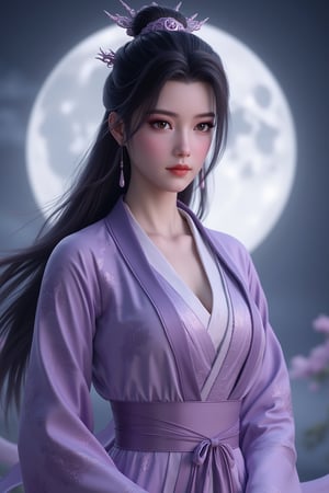 (8k, RAW photo, best quality, masterpiece:1.2), (realistic, photo-realistic:1.2)(raw photo) , detailed and intricate, original,highres,looking at viewer,upper body,black hair,BREAK,(light purple hanfu:1.29),(huge breasts:1.89),Xyunxiao,1girl,(full moon,Peony:1.36),BREAK,(Chinese Phoenix pattern embroidery:1.26),wonder beauty