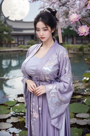 (masterpiece, best quality:1.2), highres, extremely detailed, 1 girl, purple hair, eye highlights,(light purple hanfu dress:1.33), frills, outdoors, flower, fluttering petals, upper body, depth of field,pastel color, Depth of field,garden of the sun,shiny,flowers, garden, 1girl, butterfly style, butterflies, ultra detailed, glary,Light, light particles,glitter,reflect,(Ancient Chinese pattern embroidery:1.59),(big breasts:1.69),Xyunxiao,(full moon,Lotus Pond:1.51)