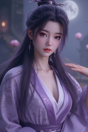 (8k, RAW photo, best quality, masterpiece:1.2), (realistic, photo-realistic:1.2)(raw photo) , detailed and intricate, original,highres,looking at viewer,upper body,black hair,BREAK,(light purple clothing:1.29),(huge breasts:1.82),Xyunxiao,1girl,(full moon,Peony:1.36),BREAK,(Chinese Phoenix pattern embroidery:1.26)