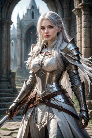 European style, fantasy, solo, cool girl, knight outfit, white & silver long hair, battle, faithing, enemy, ruins, holding long sword, (masterpiece), (best quality), (ultra-detailed), (an extremely delicate and beautiful), ((textile shading)), (caustics), (((sharp focus))),knight,scythe,aesthetic portrait