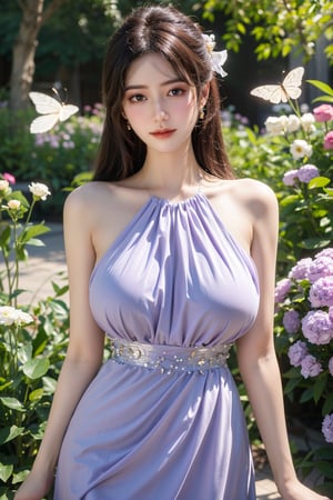 (masterpiece, best quality:1.2), highres, extremely detailed, 1girl,(light purple Chiffon dress:1.23),looking at viewer,indoors, Xyunxiao,Yunxiao_Fairy, (big breasts:1.58),Depth of field,garden of the sun,shiny,flowers, garden, 1girl, butterfly style, butterflies, ultra detailed, glary,Light, light particles,glitter,reflect,