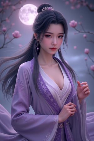 (8k, RAW photo, best quality, masterpiece:1.2), (realistic, photo-realistic:1.2)(raw photo) , detailed and intricate, original,highres,looking at viewer,upper body,black hair,BREAK,(light purple hanfu:1.29),(huge breasts:1.99),Xyunxiao,1girl,(full moon,Peony:1.36),BREAK,(Chinese Phoenix pattern embroidery:1.26),wonder beauty