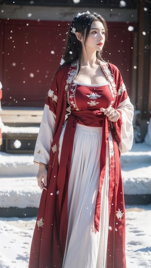 hanfu2, Best Quality, masterpiece, Super High Resolution, (realistic: 1.4) , (Snowing:1.6), 1 girl, (long hair:1.2),  (big breasts:1.59),hanfu,18-year-old,  (best quality, 8k, Masterpiece: 1.3) , exquisite (realistic style) , extreme face, photo-level lighting,  creamy skin, fair skin, high-detail skin, realistic skin details, visible pores, (super-detail) , (perfect body:1.2) , long hair, (dynamic pose:1.3) , (big breasts:1.66),1girl,long skirt,long sleeves,HOG_Calligraphy_Tatoo,myhanfu,moyou,embroidered flower patterns,tangdynastyhanfu