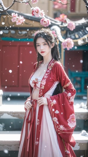 hanfu, Best Quality, masterpiece, (Snowing:1.5),1 girl, (long hair:1.2),  (big breasts:1.69),(Upper body photo:1.3),hanfu,18-year-old , exquisite , extreme face,creamy skin, fair skin,realistic skin details, (super-detail) , long hair, (big breasts:1.59),1girl,long skirt,long sleeves,(Peony flowers, plum blossoms:1.5),(flower:1.3,tangdynastyhanfu, hanfu2,myhanfu, chang,Sit on the steps, hands on hips