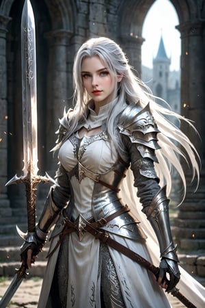 European style, fantasy, solo, cool girl, knight outfit, white & silver long hair, battle, faithing, enemy, ruins, holding long sword, (masterpiece), (best quality), (ultra-detailed), (an extremely delicate and beautiful), ((textile shading)), (caustics), (((sharp focus))),knight,scythe,aesthetic portrait