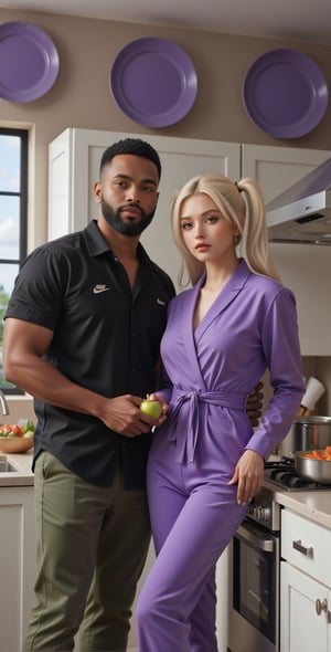 Close-up of a digital painting depicting a man in a black shirt and a beautiful woman in a purple jumpsuit standing in a kitchen. The man was wearing a black button-up shirt and dark green pants, with NIKE embroidery on the left side of the shirt. The woman wears a long-sleeved purple robe and holds a spoon in her right hand, while the man holds an apple in his left hand. The woman's arms rest in front of a silver pot on the stove. The stove is against a white countertop, with bowls of vegetables placed on it. There is a sink with a silver faucet to the left of the stove, and a white cabinet with silver handles. Above the counter, three purple plates hang from the ceiling. Realism. light and shadow. The lighting is soft. masterpiece