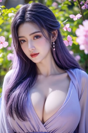 (masterpiece, best quality:1.2), highres, extremely detailed, 1 girl, purple hair, eye highlights,purple dress, frills, outdoors, flower, fluttering petals, upper body, depth of field,pastel color, Depth of field,(garden of the sun,shiny,flowers, garden, 1girl, butterfly style, butterflies:1.23), ultra detailed, glary,Light, light particles,glitter,reflect,,(big breasts:1.59),Xyunxiao,full_moon,hanfu