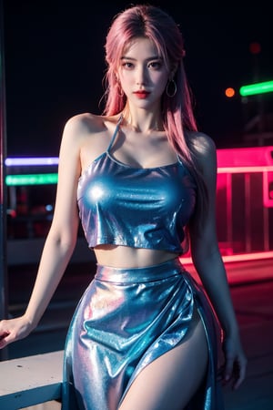 (masterpiece, best quality:1.3),Nights,(Cyberpunk:1.3), (neon lights:1.4), glowing earrings, realistic, pub,1girl, solo, looking at viewer, (Holographic light blue dress:1.29),realistic, midriff, bare shoulders, standting, hair ornament, pink hair, jewelry, Pleated Skirt, purple long skirt, cowboy shot,Xyunxiao, ,(huge breasts:1.5),(full moon:1.39)