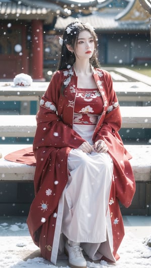 hanfu, Best Quality, masterpiece, (Snowing:1.5),1 girl, (long hair:1.2),  (big breasts:1.69),(Upper body photo:1.3),hanfu,18-year-old , exquisite , extreme face,creamy skin, fair skin,realistic skin details, (super-detail) , long hair, (big breasts:1.59),1girl,long skirt,long sleeves,flower,tangdynastyhanfu, hanfu2,myhanfu, chang,Sit on the steps, squat on the ground, hands on hips