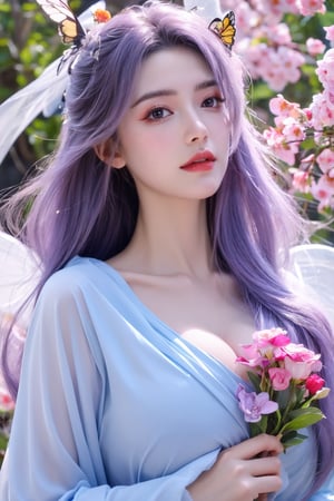 (masterpiece, best quality:1.2), highres, extremely detailed, 1 girl, purple hair, eye highlights,purple dress, frills, outdoors, flower, fluttering petals, upper body, depth of field,pastel color, Depth of field,(garden of the sun,shiny,flowers, garden, 1girl, butterfly style, butterflies:1.23), ultra detailed, glary,Light, light particles,glitter,reflect,,(big breasts:1.66),Xyunxiao,full_moon,hanfu