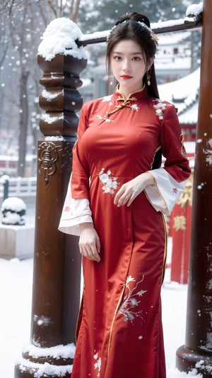 Masterpiece, Best Quality,young and beautiful Chinese girl wearing a cheongsam with coiled hair,wearing vintage Chinese earrings, (big breasts:1.39),1girl, half,(red hanfu:1.2),arien_hanfu, 1girl, (falling_snow:1.3), looking_at_viewer, , (big breasts:1.33),Young beauty spirit 
