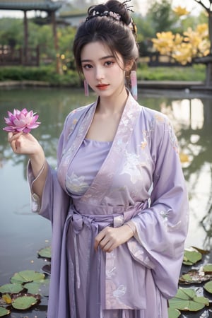 (masterpiece, best quality:1.2), highres, extremely detailed, 1 girl, purple hair, eye highlights,(light purple hanfu dress:1.33), frills, outdoors, flower, fluttering petals, upper body, depth of field,pastel color, Depth of field,garden of the sun,shiny,flowers, garden, 1girl, butterfly style, butterflies, ultra detailed, glary,Light, light particles,glitter,reflect,(Ancient Chinese pattern embroidery:1.59),(big breasts:1.76),Xyunxiao,(full moon,pink lotus,Lotus Pond:1.59)