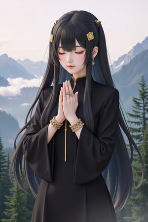 1girl, solo, long hair, black hair, hair ornament, long sleeves, dress, jewelry, closed mouth, closed eyes, upper body, earrings, necklace, bracelet, ring, own hands together, veil, red lips, praying,Midjourney_Whisper,Made of adrr-zllj,landscape,wonder beauty