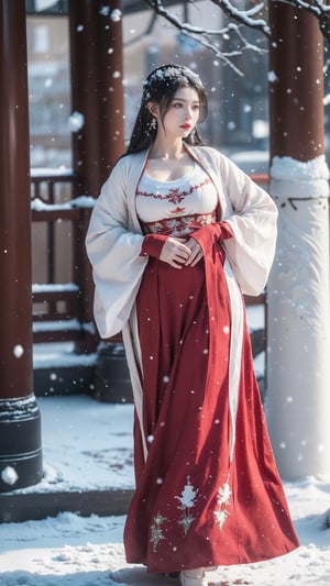 hanfu2, Best Quality, masterpiece, Super High Resolution, (realistic: 1.4) , (Snowing:1.6), 1 girl, (long hair:1.2),  (big breasts:1.59),hanfu,18-year-old,  (best quality, 8k, Masterpiece: 1.3) , exquisite (realistic style) , extreme face, photo-level lighting,  creamy skin, fair skin, high-detail skin, realistic skin details, visible pores, (super-detail) , (perfect body:1.2) , long hair, (dynamic pose:1.3) , (big breasts:1.66),1girl,long skirt,long sleeves,HOG_Calligraphy_Tatoo,myhanfu,moyou,embroidered flower patterns,tangdynastyhanfu