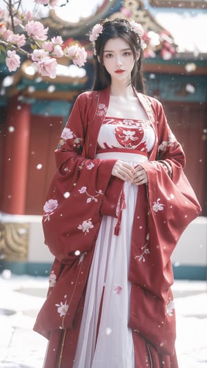 hanfu, Best Quality, masterpiece, (Snowing:1.3),1 girl, (long hair:1.2),  (big breasts:1.89),(Upper body photo:1.3),hanfu,18-year-old , exquisite , extreme face,creamy skin, fair skin,realistic skin details, (super-detail) , long hair, (big breasts:1.69),1girl,long skirt,long sleeves,(Peony flowers, plum blossoms:1.5),(flower:1.3),tangdynastyhanfu, hanfu2,myhanfu, chang,Sit on the steps, hands on hips