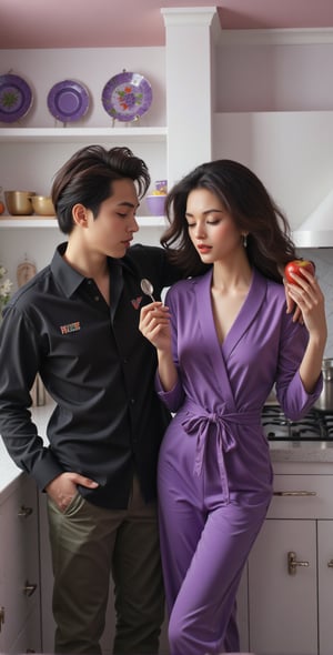 Close-up of a digital painting depicting a man in a black shirt and a beautiful woman in a purple jumpsuit standing in a kitchen. The man was wearing a black button-up shirt and dark green pants, with NIKE embroidery on the left side of the shirt. The woman wears a long-sleeved purple robe and holds a spoon in her right hand, while the man holds an apple in his left hand. The woman's arms rest in front of a silver pot on the stove. The stove is against a white countertop, with bowls of vegetables placed on it. There is a sink with a silver faucet to the left of the stove, and a white cabinet with silver handles. Above the counter, three purple plates hang from the ceiling. Realism. light and shadow. The lighting is soft. masterpiece