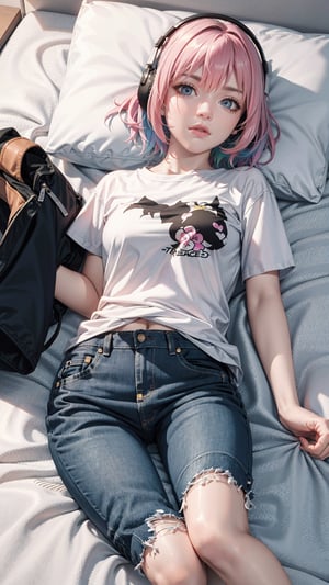(realistic:1.4),feets_up,lying down, riamuyumemi, ,riamu yumemi, ahoge, blue hair, hair intakes, multicolored hair, (multicolored eyes, blue eyes:1.1), hot pink hair, short hair, two-tone hair,BREAK,  barefoot,   shirt, short sleeves, t-shirt,BREAK looking at viewer, full body,BREAK indoors,BREAK , (masterpiece:1.2), best quality, high resolution, unity 8k wallpaper, (illustration:0.8), (beautiful detailed eyes:1.6), extremely detailed face, perfect lighting, extremely detailed CG, (perfect hands, perfect anatomy),Realism,riamu,ph_Mar,perfect,photorealistic, 

A young woman with wild, disheveled hair, synthwave, lost in her own world, listening to music through her headphones, lying on bed, wearing a cargo pants surrounded by a chaotic bedroom background, drawn in the classic 90s anime art style of Naoko Takeuchi with a VHS effect, 